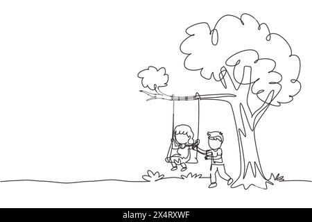 Continue d'une ligne dessinant des garçons et des filles heureux jouant sur la balançoire de l'arbre. Des enfants joyeux qui se balancent sous un arbre. Enfants mignons jouant dans l'aire de jeux. S Illustration de Vecteur