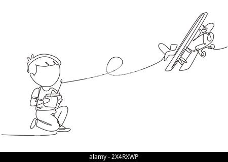 Simple dessin d'une ligne garçon jouant avec l'avion de contrôle radio. Avion RC volant contrôlé par un enfant souriant. Enfance heureuse, passe-temps, concept de passe-temps. Illustration de Vecteur