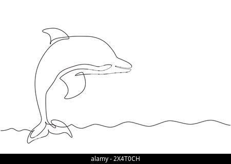 Une seule ligne dessinant de mignons dauphins. Mignons dauphins bleus, saut de dauphin et exécution de tours avec balle pour spectacle de divertissement. Moderne continu l Illustration de Vecteur