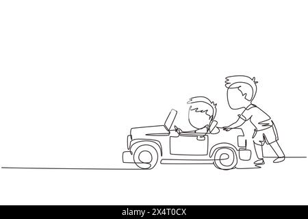 Une ligne continue dessinant un garçon pousse la voiture de son ami dans la route. Les enfants jouent avec une grande voiture jouet ensemble. Frère et sœur qui s'amusent avec à l'arrière-cour. S Illustration de Vecteur