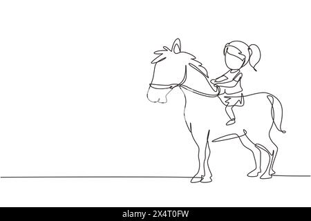 Ligne continue unique dessinant une fille mignonne heureuse chevauchant un cheval mignon. Enfant assis sur le cheval arrière avec selle dans le parc ranch. Les enfants apprennent à monter à cheval. Illustration de Vecteur