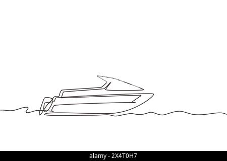 Bateau à moteur simple à une ligne ou petit bateau avec moteur hors-bord. Bateau de mer ou de rivière, icône plate. Véhicules maritimes et fluviaux. Transport par eau. Continuou Illustration de Vecteur