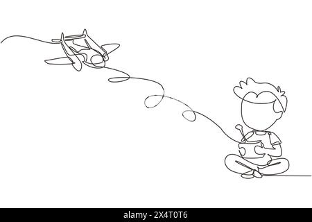 Garçon de dessin simple d'une ligne jouant avec un avion jouet télécommandé. Enfants mignons jouant avec un jouet d'avion électronique avec télécommande dans les mains. Illustration de Vecteur