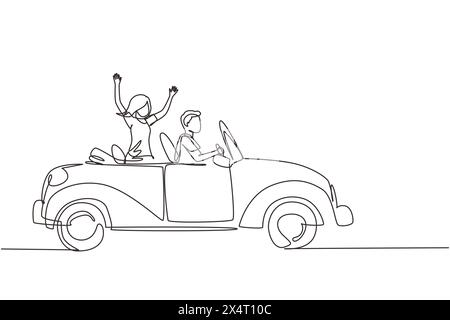 Ligne continue unique dessinant le marié nouvellement marié dans le véhicule. Heureux homme et femme chevauchant la voiture de mariage. Couple marié relation amoureuse. Activé Illustration de Vecteur