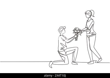 Simple une ligne dessinant homme sur genou faisant la proposition de mariage à la femme avec bouquet. Garçon amoureux donnant des fleurs. Heureux couple se préparant pour le mariage Illustration de Vecteur