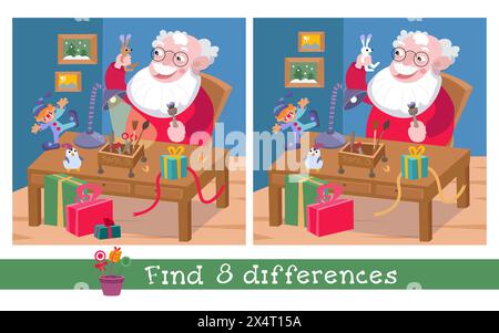 Trouvez 8 différences. Jeu pour enfants. Mignon Père Noël. Illustration de dessin animé de vecteur de Noël. Illustration de Vecteur