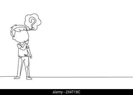 Une ligne continue dessinant mignon garçon pensant. Les enfants pensent des idées créatives. Bulle avec signe de point d'interrogation. Concept d'apprentissage et de croissance des enfants. Péché Illustration de Vecteur