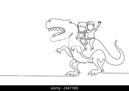 Continu d'une ligne dessinant garçon et fille cavaliers chevauchant t-rex tyrannosaurus ensemble. Enfants assis sur le dos de dinosaure. Les enfants de l'âge de pierre. Ancienne hu Illustration de Vecteur
