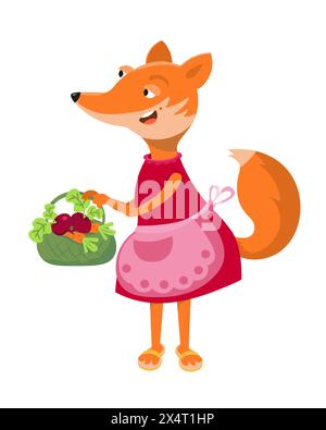 Mignon renard mère dans le tablier avec panier de légumes. Personnage drôle de dessin animé isolé sur fond blanc pour la conception. Illustration vectorielle. Illustration de Vecteur