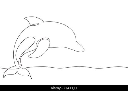 Une ligne continue dessinant de mignons dauphins bleus, saut de dauphin et exécution de tours avec balle pour spectacle de divertissement. Mascotte animale pour nager le poto Illustration de Vecteur