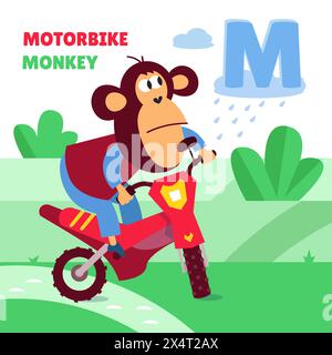 Singe mignon sur moto. Transport et animaux. Lettre M. Alphabet, carte avec des personnages de style dessin animé. ABC. Éducation des enfants. Préscolaire Illustration de Vecteur