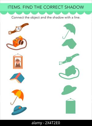 Trouvez la bonne ombre. Jeu de puzzle pour les enfants. Objets de dessin animé mignons. Articles sur fond blanc. Activité préscolaire. Illustrations vectorielles. Illustration de Vecteur