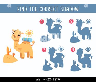 Trouvez la bonne ombre. Jeu pour enfants. Activité, illustration d'enfants vectoriels. Joli plat stylisé chameau de dessin animé dans le désert. Illustration de Vecteur