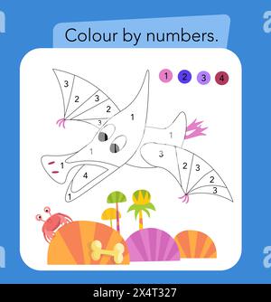 Jeu de couleurs par numéros. Jeu de puzzle éducatif pour enfants. Dinosaures simples plats mignons. Illustration vectorielle Illustration de Vecteur