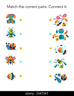 Trouvez la même chose et connectez-les. Jeu pour enfants d'âge préscolaire. Insecte de dessin animé isolé sur fond blanc. Illustration vectorielle. Illustration de Vecteur