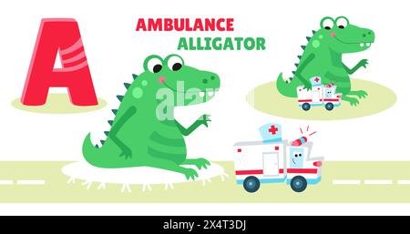 Lettre A. Alphabet, carte avec de mignons personnages de style dessin animé. Alligator et ambulance. ABC. Éducation des enfants. Activité préscolaire. Vecteur Illustration de Vecteur