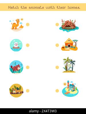 Jeu de puzzle pour les enfants d'âge préscolaire. Activité pour les enfants. Conduisez les animaux chez eux. Illustration vectorielle de dessin animé. Illustration de Vecteur