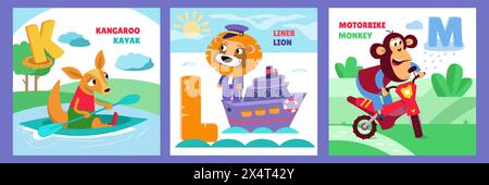 Jeu de lettres. Alphabet, cartes avec des personnages de style dessin animé mignons. Animaux et transport. ABC. Éducation des enfants. Activité préscolaire. Vecteur Illustration de Vecteur