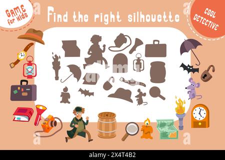 Trouvez la bonne silhouette, ombre. Jeu de puzzle pour les enfants. Grand ensemble d'objets pour les aventures détectives. Personnages et objets de dessin animé mignons. Vecteur Illustration de Vecteur