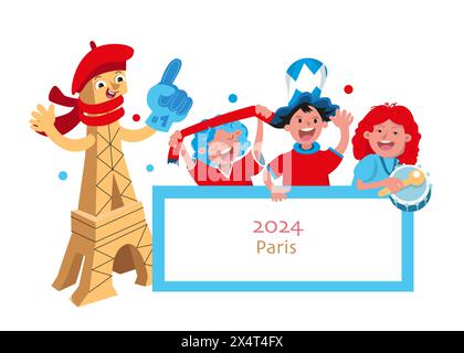 Bannière avec ventilateurs, cadre de texte. Compétitions sportives et Jeux Olympiques 2024. Tour Eiffel. Personnage de dessin animé drôle avec béret et gant de fan. Vecteur Illustration de Vecteur