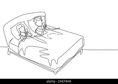 Simple une ligne dessinant couple couché dans le lit et regardant le téléphone jouant à des jeux sur des gadgets. Loisirs à domicile temps libre. Les gens passent du temps libre. Continue Illustration de Vecteur