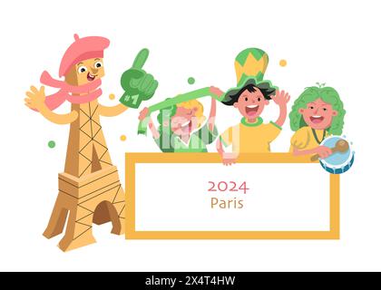 Bannière de fans français, cadre de texte. Compétitions sportives et Jeux Olympiques 2024. Tour Eiffel. Personnage de dessin animé drôle avec béret et gant de fan. Vecteur Illustration de Vecteur
