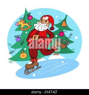Joli Père Noël patinant autour. Patinoire d'hiver. Vacances de Noël. Illustration de dessin animé vectoriel, scène de couleur pour la conception. Illustration de Vecteur
