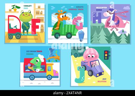 Jeu de lettres. Alphabet, cartes avec des personnages de style dessin animé mignons. Animaux et transport. ABC. Éducation des enfants. Activité préscolaire. Vecteur Illustration de Vecteur