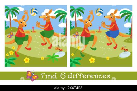 Trouvez 6 différences. Jeu de puzzle pour enfants. De mignons kangourous jouant au volley-ball. Sports pour enfants. Illustration de dessin animé vectoriel, scène pour les jeux Illustration de Vecteur