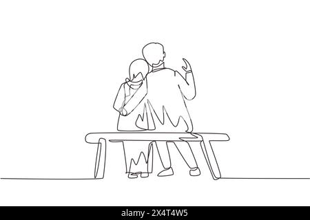 Dessin continu d'une ligne embrassant un couple arabe assis sur le banc. Concept de famille heureuse. Couple en relation amoureuse. Homme heureux embrassant son pair Illustration de Vecteur