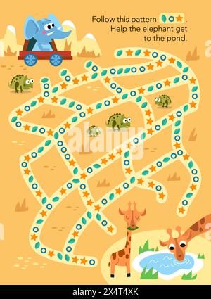 Jeu de labyrinthe, activité pour les enfants. Suivre le schéma. Illustration vectorielle. Éléphant mignon en voiture. Animaux africains. Personnages de dessins animés. Illustration de Vecteur
