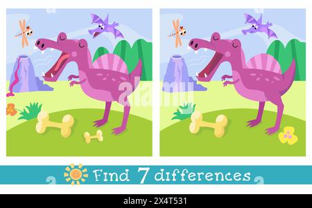 Dinosaure de dessin animé mignon. Illustration simple isolée et stylisée plate. Trouvez 7 différences. Jeu de puzzle éducatif pour enfants. Graphiques vectoriels. Illustration de Vecteur