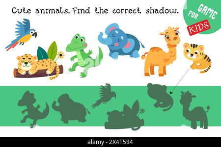 Trouvez la bonne ombre et connectez-vous. Jeu pour enfants. Activité, illustration d'enfants vectoriels. Animaux de dessins animés stylisés plats mignons. Illustration de Vecteur