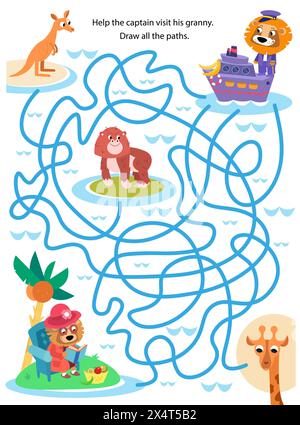 Labyrinthe pour les enfants. Puzzle pour enfants. Aidez le capitaine du paquebot à rendre visite à grand-mère. Dessiner des pistes. Personnages de dessins animés mignons. Illustration vectorielle. Illustration de Vecteur