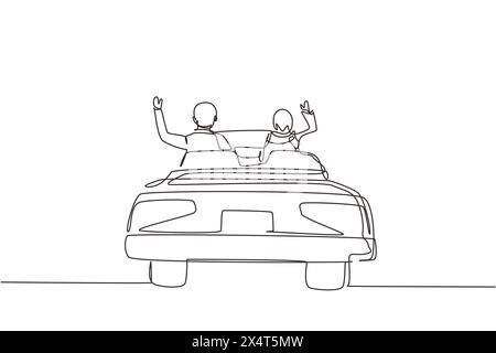 Ligne continue unique dessin vue arrière arabe heureux couple libre conduisant en voiture cabriolet dans la ville acclamant joyeux avec les bras levés. Couple été va Illustration de Vecteur