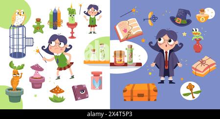 Mignonne sorcière avec baguette magique, objets sur fond bleu. Halloween et école de sorcier. Autocollants de dessin animé pour la conception. Illustration vectorielle. Illustration de Vecteur