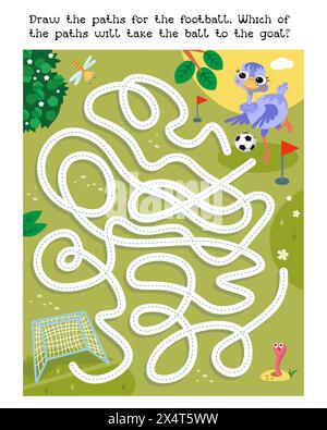 Jeu de labyrinthe, activité pour les enfants. Dessinez des chemins pour le ballon. Mignonne autruche jouant au football. Illustration vectorielle de dessin animé. Animal d'oiseau drôle et sport. Illustration de Vecteur