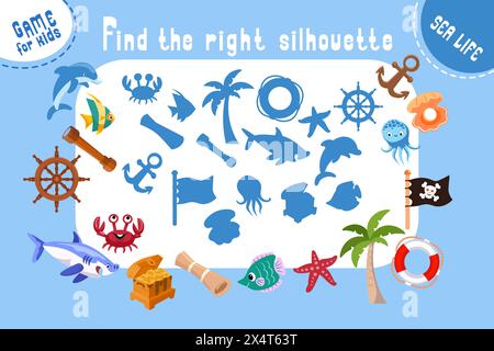 Trouvez la bonne silhouette, ombre. Jeu de puzzle pour les enfants. Grand ensemble d'objets et la mer, les animaux océaniques. Objets de dessin animé mignons, personnages. Couleur vectorielle Illustration de Vecteur