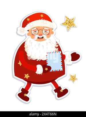 Père Noël avec lettre à la main, isolé sur fond blanc. Illustration vectorielle de Noël avec des éléments dorés, des étoiles. Icône décorative, autocollant pour Illustration de Vecteur