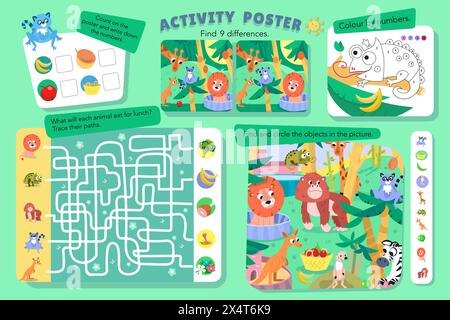 Trouvez des objets cachés dans l'image. Jeu de puzzle éducatif, labyrinthe, compte, mathématiques pour les enfants. Animaux simples plats mignons dans la jungle, zoo. Couleur vectorielle Illustration de Vecteur