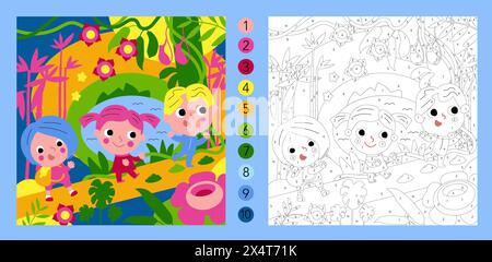 Jeu de couleurs par numéros. Puzzle éducatif pour enfants. Scène simple et plate mignonne. Nature et jungle. Illustration vectorielle. Illustration de Vecteur