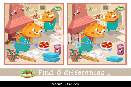 Trouvez 8 différences cachées. Jeu éducatif pour enfants. Puzzle dans le style de bande dessinée. Chats pizzaiolo mignons avec pizza sur pelle. Illustration vectorielle pour Illustration de Vecteur