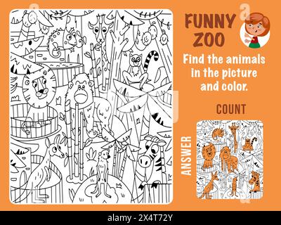 Trouvez les animaux dans le zoo couleur et compte. Jeu pour enfants. Coloriage pour enfants. Puzzle avec objets cachés. Personnages de dessins animés drôles. Illustration vectorielle. Illustration de Vecteur