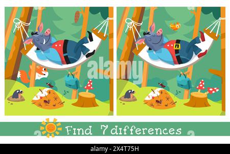 Trouvez 7 différences. Jeu de puzzle éducatif pour enfants. Sanglier de dessin animé sur hamac dans la forêt. Personnages animaux mignons dans un style plat. Vecteur plat Illustration de Vecteur