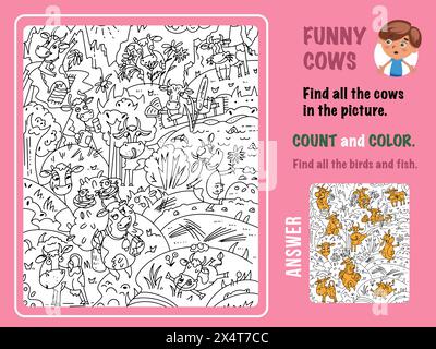 Trouvez des vaches dans la photo, comptez et coloriez. Jeu pour enfants. Puzzle avec des animaux cachés. Contour noir et blanc pour la coloration. Personnages de dessins animés drôles Illustration de Vecteur