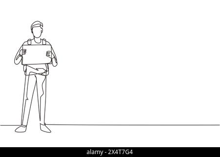 Une seule ligne continue dessinant Happy Man Traveler en auto-stop. Jeunes touristes avec des sacs à dos essayant de attraper la voiture sur la route. Vacances aventure, tourisme, tr Illustration de Vecteur