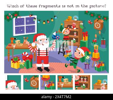 Trouvez des fragments dans l'image. Jeu de puzzle éducatif pour enfants. Mignon Père Noël et Elfes faisant des cadeaux pour les enfants. Atelier de Noël. Hiver Illustration de Vecteur