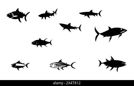 Illustration de l'ensemble d'icônes de poisson noir Illustration de Vecteur