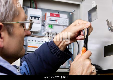 Retrait de la gaine extérieure de l'isolation PVC du câble d'alimentation pour la connexion au tableau de commutation. Banque D'Images