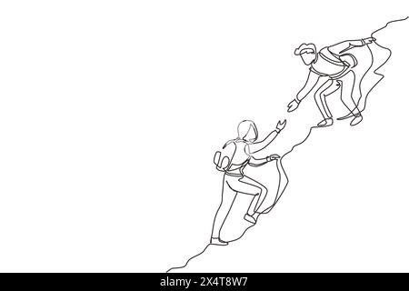 Continue d'une ligne dessinant homme femme succès sur le sommet de la montagne, Teamwork couple randonnée, assistance de confiance dans les montagnes, équipe de grimpeurs aidant han Illustration de Vecteur